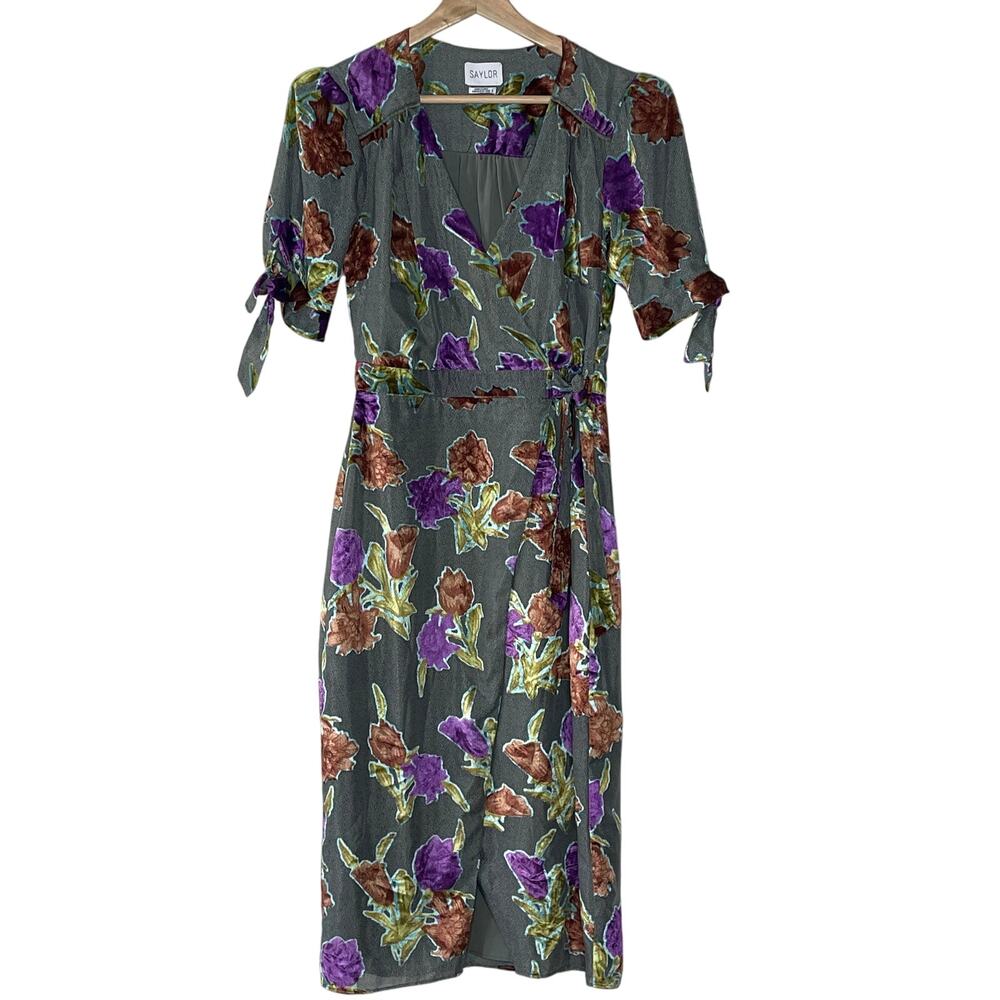 SAYLOR BURNOUT VELVET FLORAL PRINT WRAP DRESS SIZE S